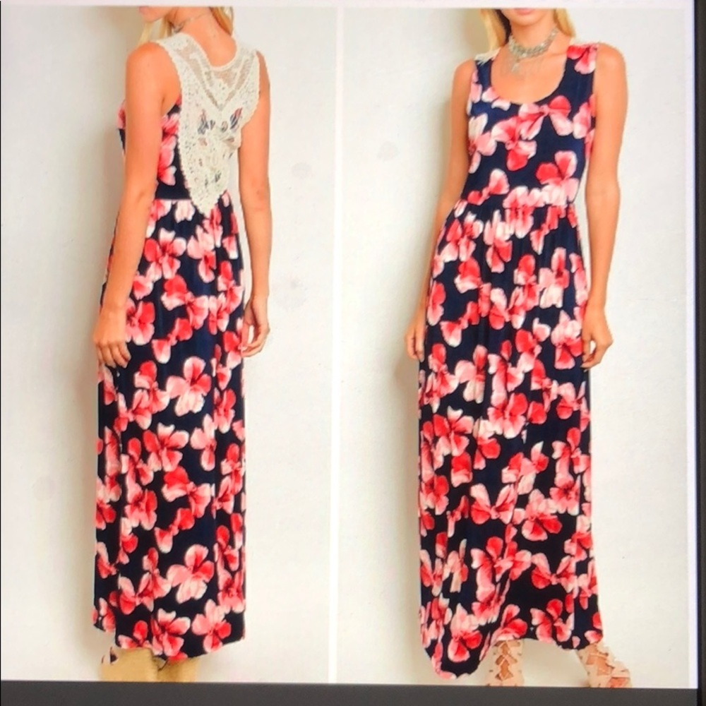 Navy blue pink floral maxi Dress